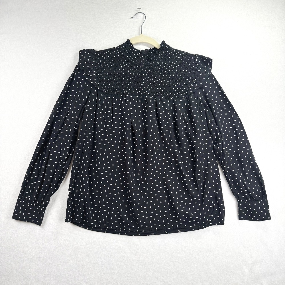 LOFT‎ Women Black White Polka Dot Smocked High Neck Ruffle Blouse Medium Summer
